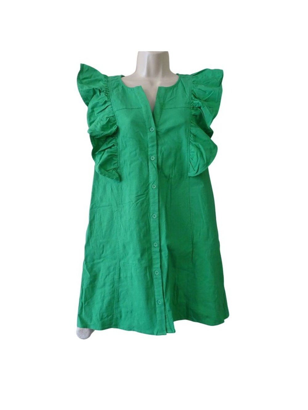 Entro Green Ruffle Sleeve Button Front Shirt Sheath Dress Women Size M Preppy
